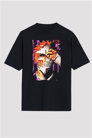 Bleach Baskılı Unisex Siyah Oversize Tişört - Tshirt