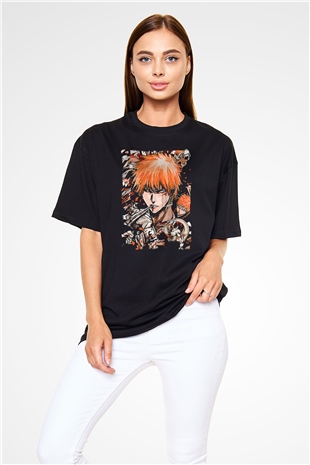 Bleach Baskılı Unisex Siyah Oversize Tişört - Tshirt