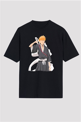 Bleach Baskılı Unisex Siyah Oversize Tişört - Tshirt