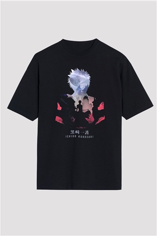 Bleach Baskılı Unisex Siyah Oversize Tişört - Tshirt
