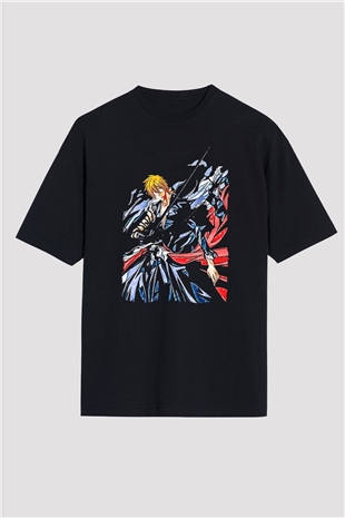 Bleach Baskılı Unisex Siyah Oversize Tişört - Tshirt