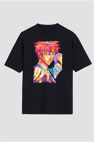 Bleach Baskılı Unisex Siyah Oversize Tişört - Tshirt
