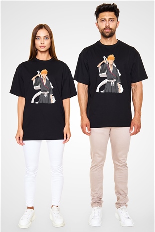 Bleach Baskılı Unisex Siyah Oversize Tişört - Tshirt