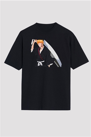 Bleach Baskılı Unisex Siyah Oversize Tişört - Tshirt