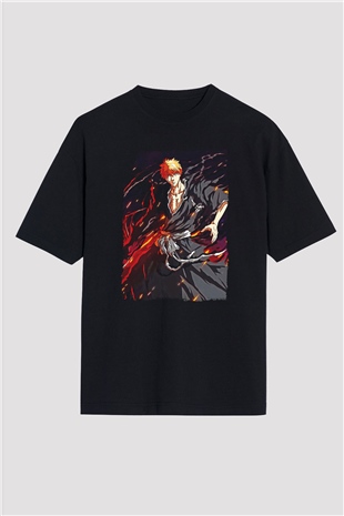 Bleach Baskılı Unisex Siyah Oversize Tişört - Tshirt