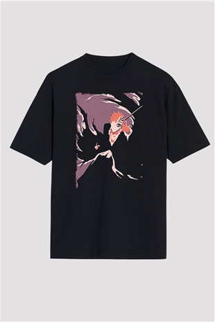 Bleach Baskılı Unisex Siyah Oversize Tişört - Tshirt