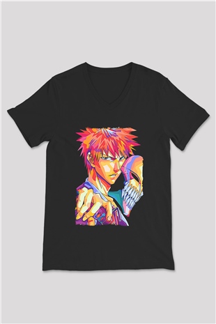 Bleach Baskılı Unisex Siyah V Yaka Tişört - Tshirt