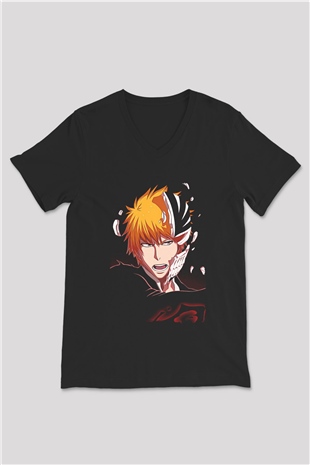 Bleach Baskılı Unisex Siyah V Yaka Tişört - Tshirt
