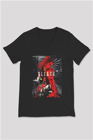 Bleach Baskılı Unisex Siyah V Yaka Tişört - Tshirt