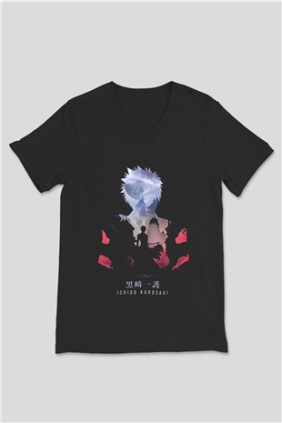 Bleach Baskılı Unisex Siyah V Yaka Tişört - Tshirt