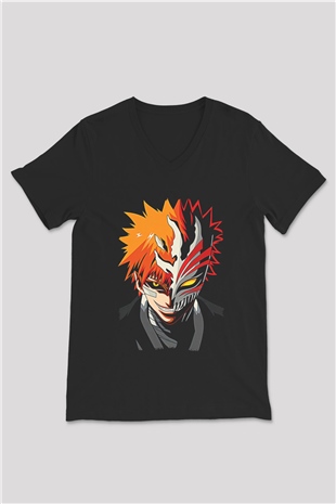 Bleach Baskılı Unisex Siyah V Yaka Tişört - Tshirt