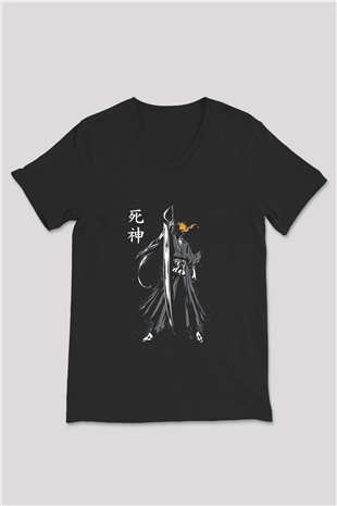 Bleach Baskılı Unisex Siyah V Yaka Tişört - Tshirt