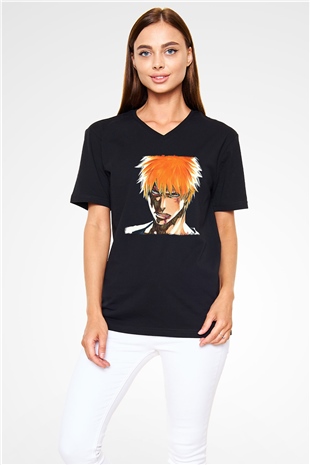 Bleach Baskılı Unisex Siyah V Yaka Tişört - Tshirt
