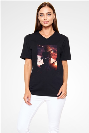 Bleach Baskılı Unisex Siyah V Yaka Tişört - Tshirt