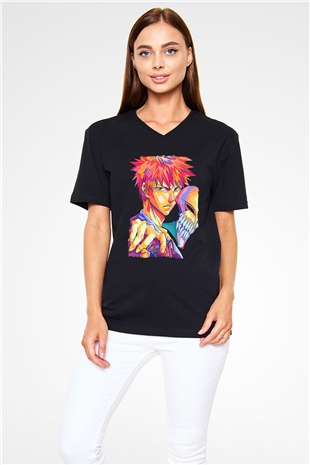 Bleach Baskılı Unisex Siyah V Yaka Tişört - Tshirt