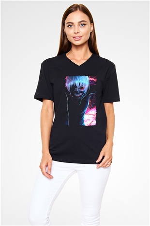 Bleach Baskılı Unisex Siyah V Yaka Tişört - Tshirt