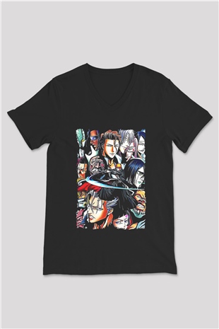 Bleach Baskılı Unisex Siyah V Yaka Tişört - Tshirt