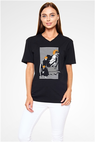 Bleach Baskılı Unisex Siyah V Yaka Tişört - Tshirt