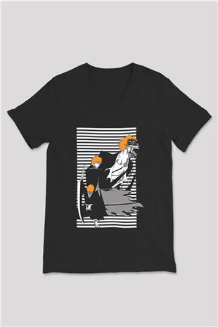 Bleach Baskılı Unisex Siyah V Yaka Tişört - Tshirt