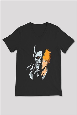 Bleach Baskılı Unisex Siyah V Yaka Tişört - Tshirt