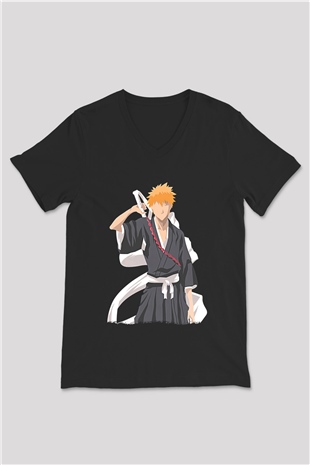 Bleach Baskılı Unisex Siyah V Yaka Tişört - Tshirt