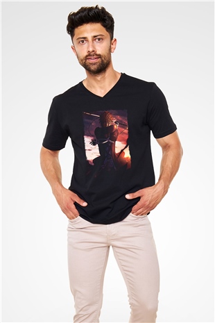 Bleach Baskılı Unisex Siyah V Yaka Tişört - Tshirt