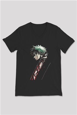 Bleach Baskılı Unisex Siyah V Yaka Tişört - Tshirt