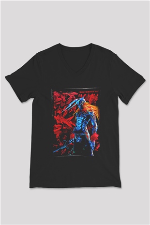 Bleach Baskılı Unisex Siyah V Yaka Tişört - Tshirt