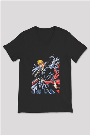 Bleach Baskılı Unisex Siyah V Yaka Tişört - Tshirt