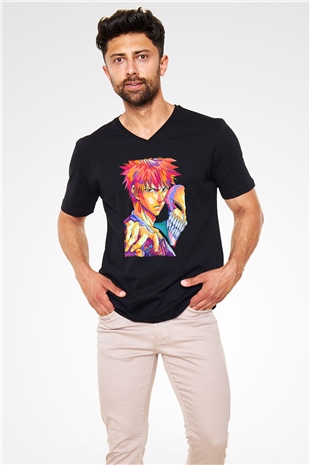 Bleach Baskılı Unisex Siyah V Yaka Tişört - Tshirt