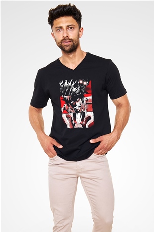 Bleach Baskılı Unisex Siyah V Yaka Tişört - Tshirt