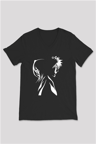 Bleach Baskılı Unisex Siyah V Yaka Tişört - Tshirt