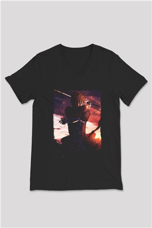 Bleach Baskılı Unisex Siyah V Yaka Tişört - Tshirt