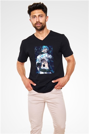 Bleach Baskılı Unisex Siyah V Yaka Tişört - Tshirt