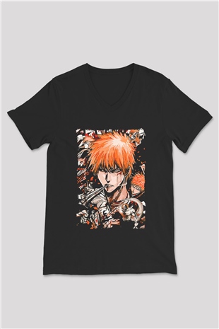 Bleach Baskılı Unisex Siyah V Yaka Tişört - Tshirt