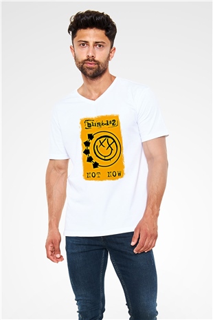 Blink-182 Baskılı Unisex Beyaz V Yaka Tişört