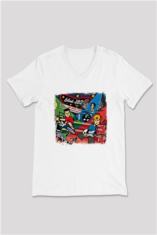 Blink-182 Baskılı Unisex Beyaz V Yaka Tişört