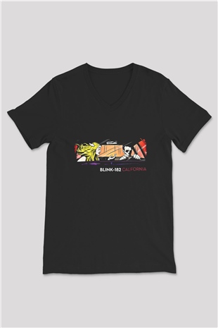 Blink-182 Baskılı Unisex Siyah V Yaka Tişört