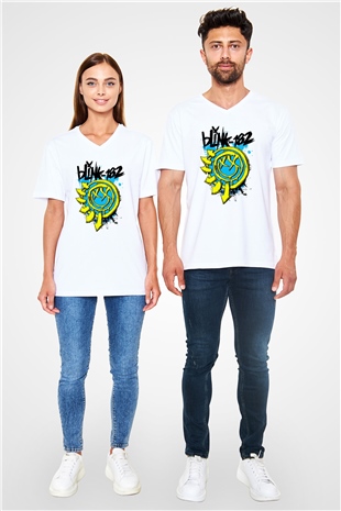 Blink 182 Beyaz Unisex V Yaka Tişört T-Shirt