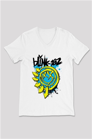 Blink 182 Beyaz Unisex V Yaka Tişört T-Shirt