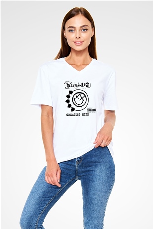Blink 182 Beyaz Unisex V Yaka Tişört T-Shirt