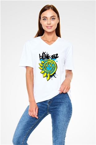 Blink 182 Beyaz Unisex V Yaka Tişört T-Shirt