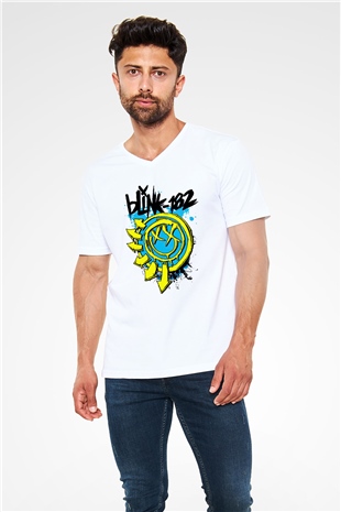 Blink 182 Beyaz Unisex V Yaka Tişört T-Shirt