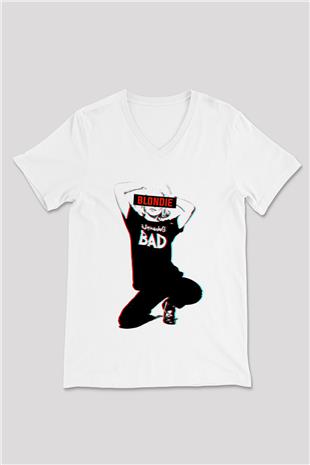 Blondie - Debbie Harry Baskılı Beyaz Unisex V Yaka Tişört - Tshirt