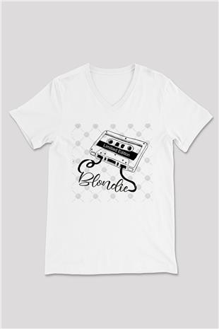 Blondie - Debbie Harry Baskılı Beyaz Unisex V Yaka Tişört - Tshirt