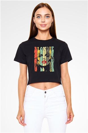 Blondie - Debbie Harry Baskılı Siyah Crop Top Kadın Tişört - Tshirt