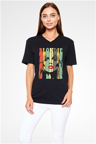 Blondie - Debbie Harry Baskılı Unisex Siyah V Yaka Tişört - Tshirt