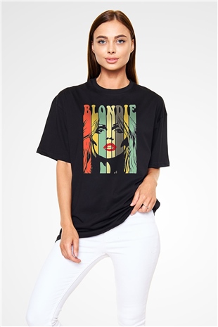 Blondie - Debbie Harry Baskılı Unisex Siyah Oversize Tişört - Tshirt