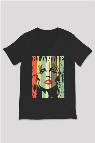 Blondie - Debbie Harry Baskılı Unisex Siyah V Yaka Tişört - Tshirt