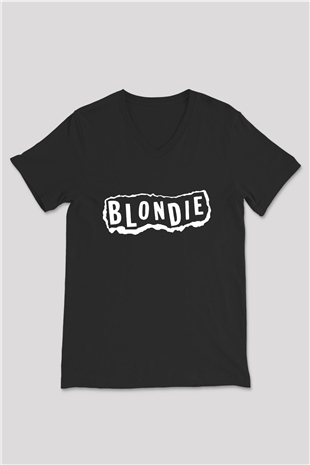 Blondie - Debbie Harry Baskılı Unisex Siyah V Yaka Tişört - Tshirt